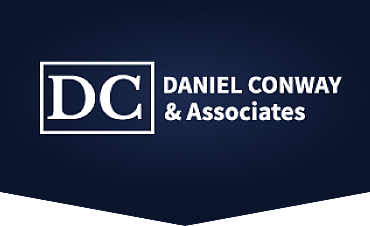 Daniel Conway & Associates logo on navy blue background, initials DC in white box, simple and professional design.