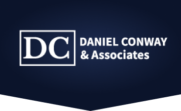 Daniel Conway & Associates logo on navy blue background, initials DC in white box, simple and professional design.